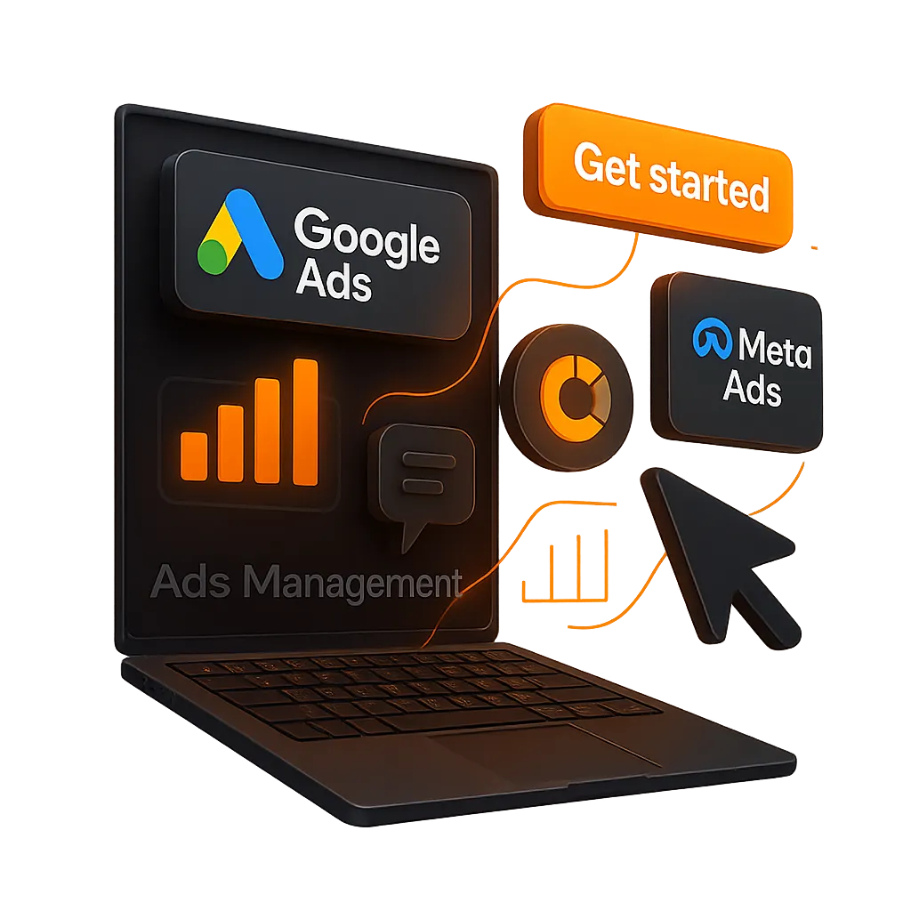 Ads management dashboard with Google, Meta, and TikTok performance widgets