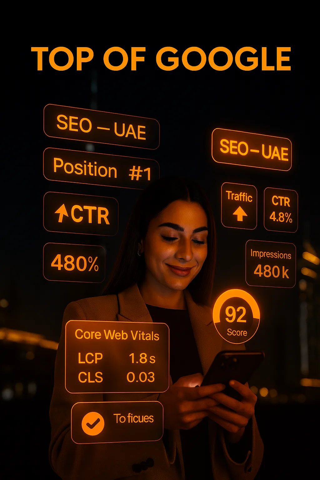 SEO dashboard showing KPIs and Core Web Vitals for UAE